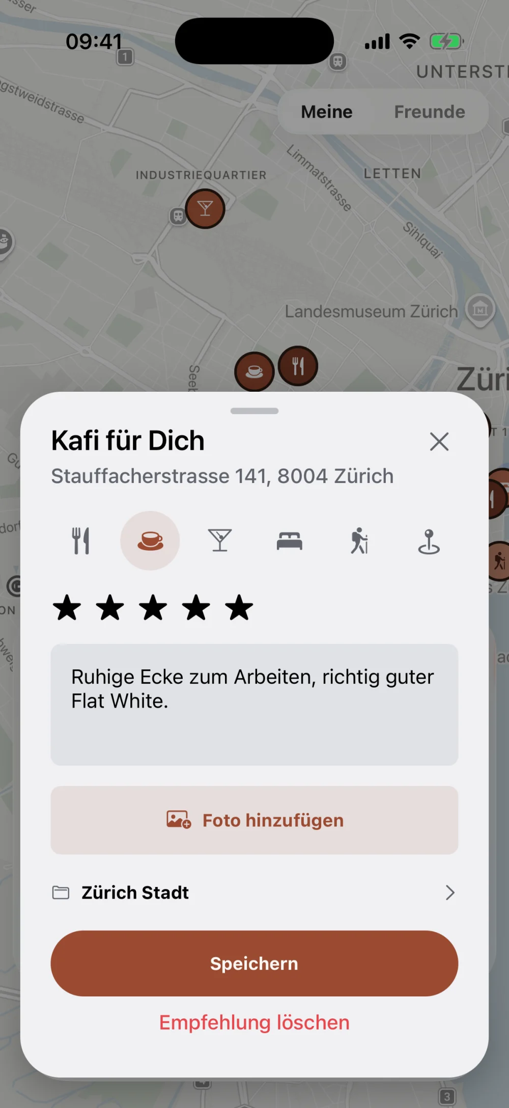 Ort bewerten mit Sternen und Kommentar