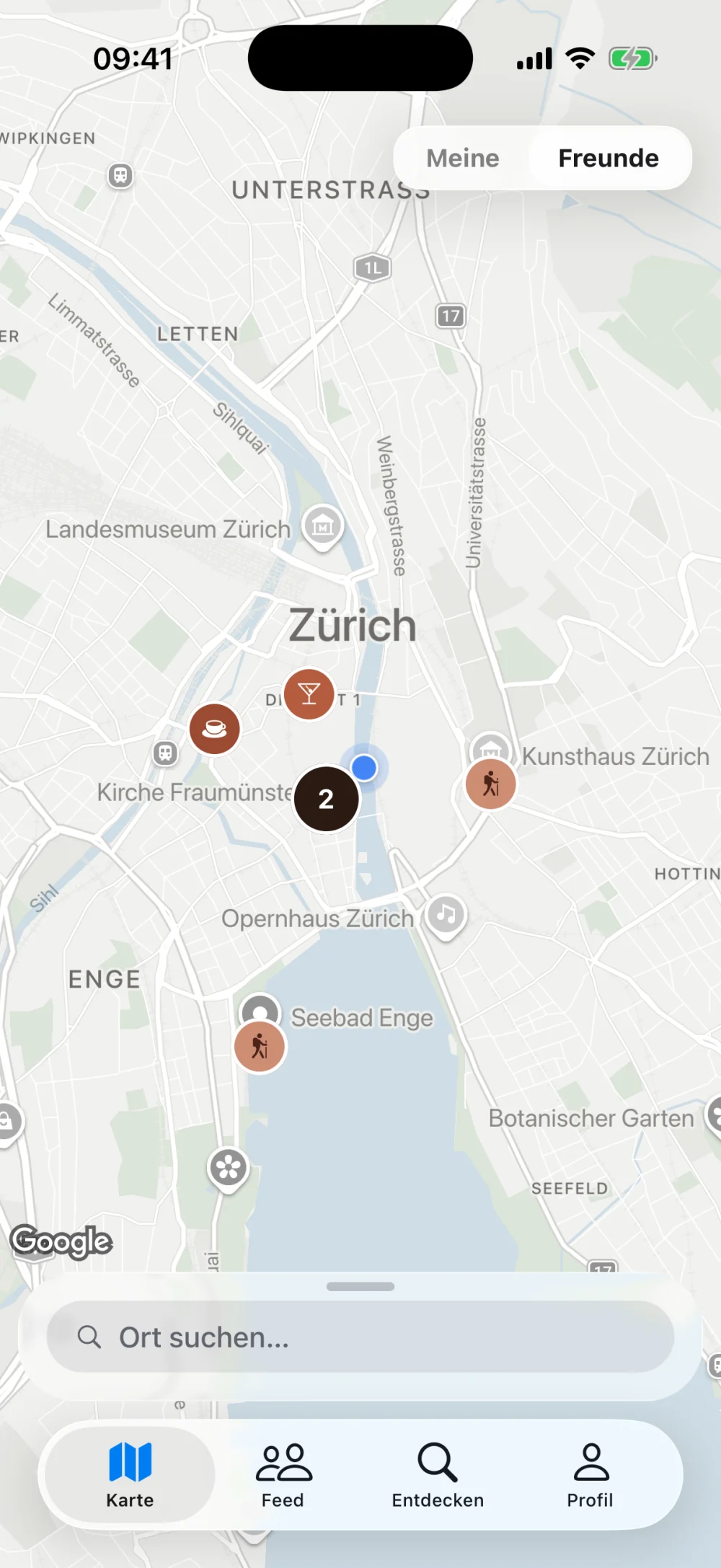 Karte von Zürich mit den Orten von Freunden